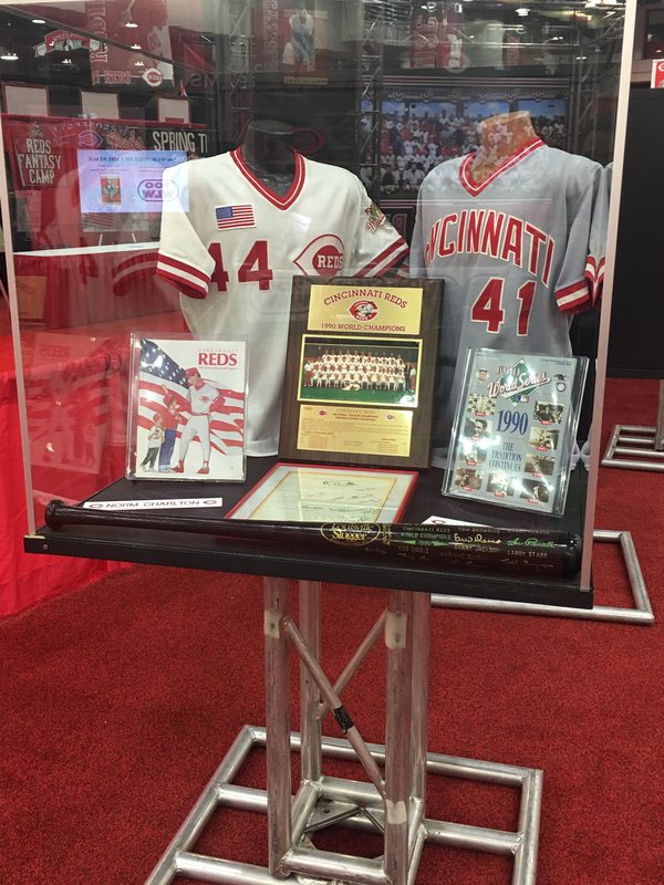 Cincinnati Reds jersey and memorabilia display cases at Redsfest by Martin Sports Productions
