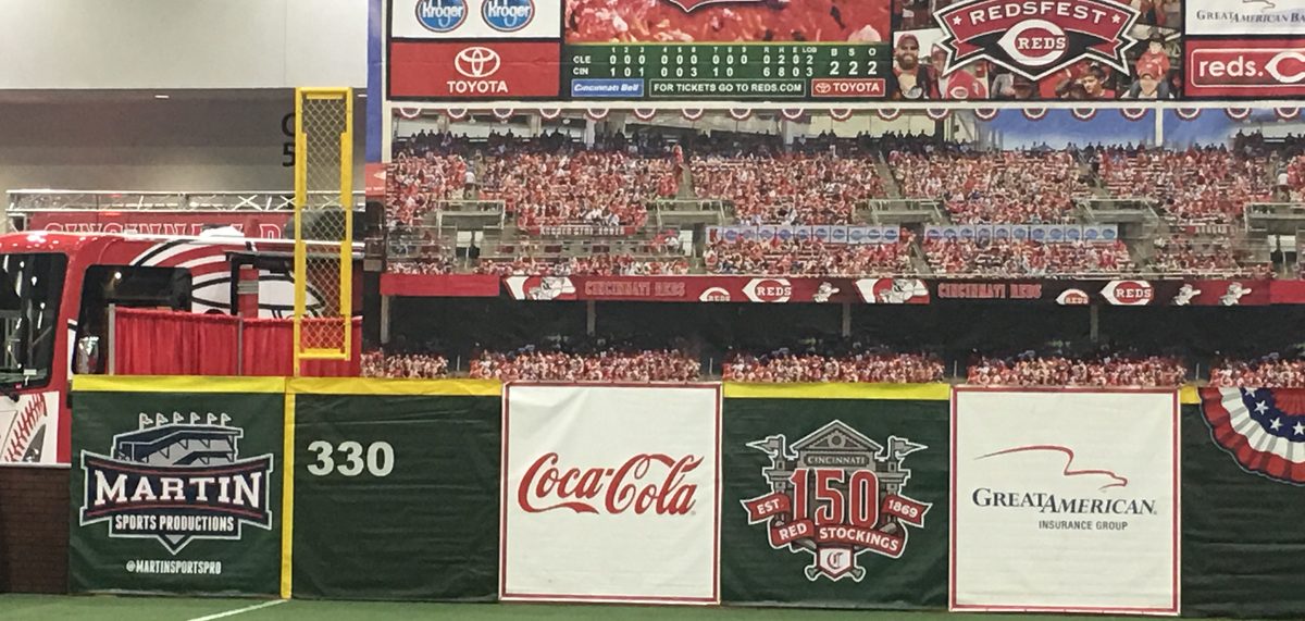 Full Great American Ball Park outfield-wall replica built by Martin Sports Productions for Redsfest