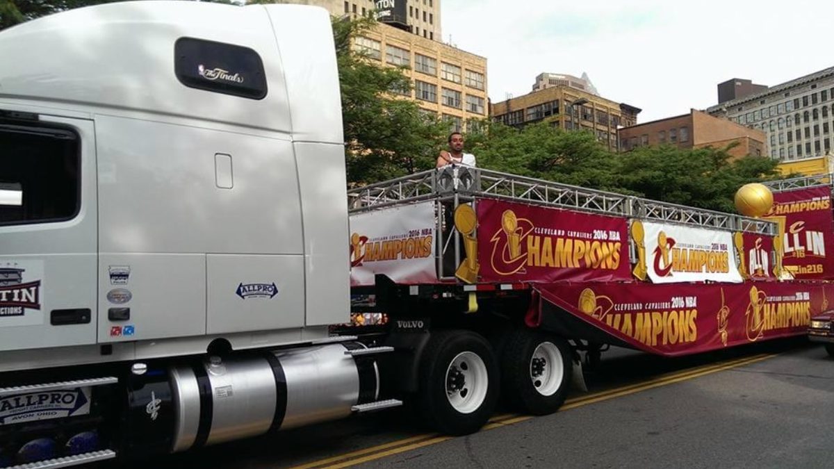 Martin Sports parade rig carrying the Cleveland Cavaliers 2016 NBA Championship celebration
