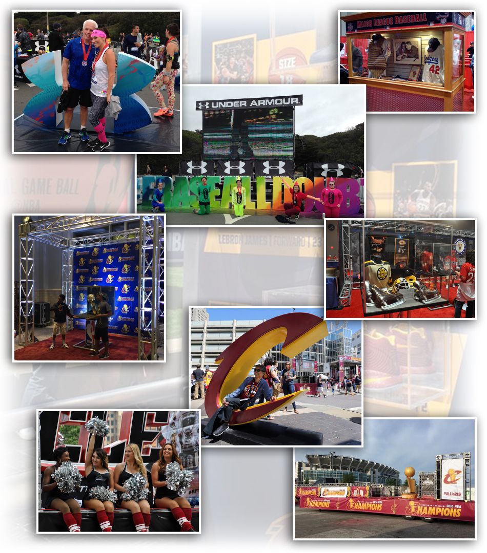 Collage of custom props, displays and mascots fabricated by Martin Sports