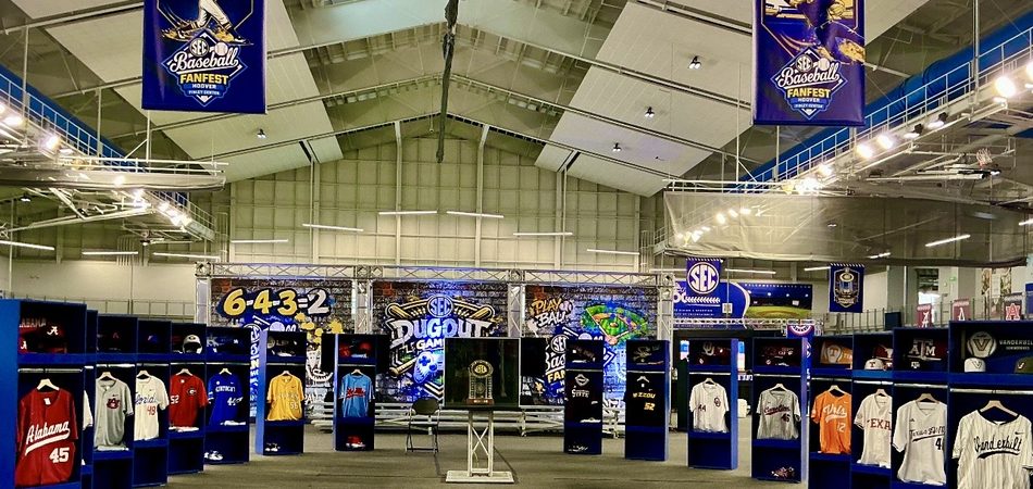 Wide view of the SEC Baseball FanFest floor at the Finley Center in Hoover, Alabama